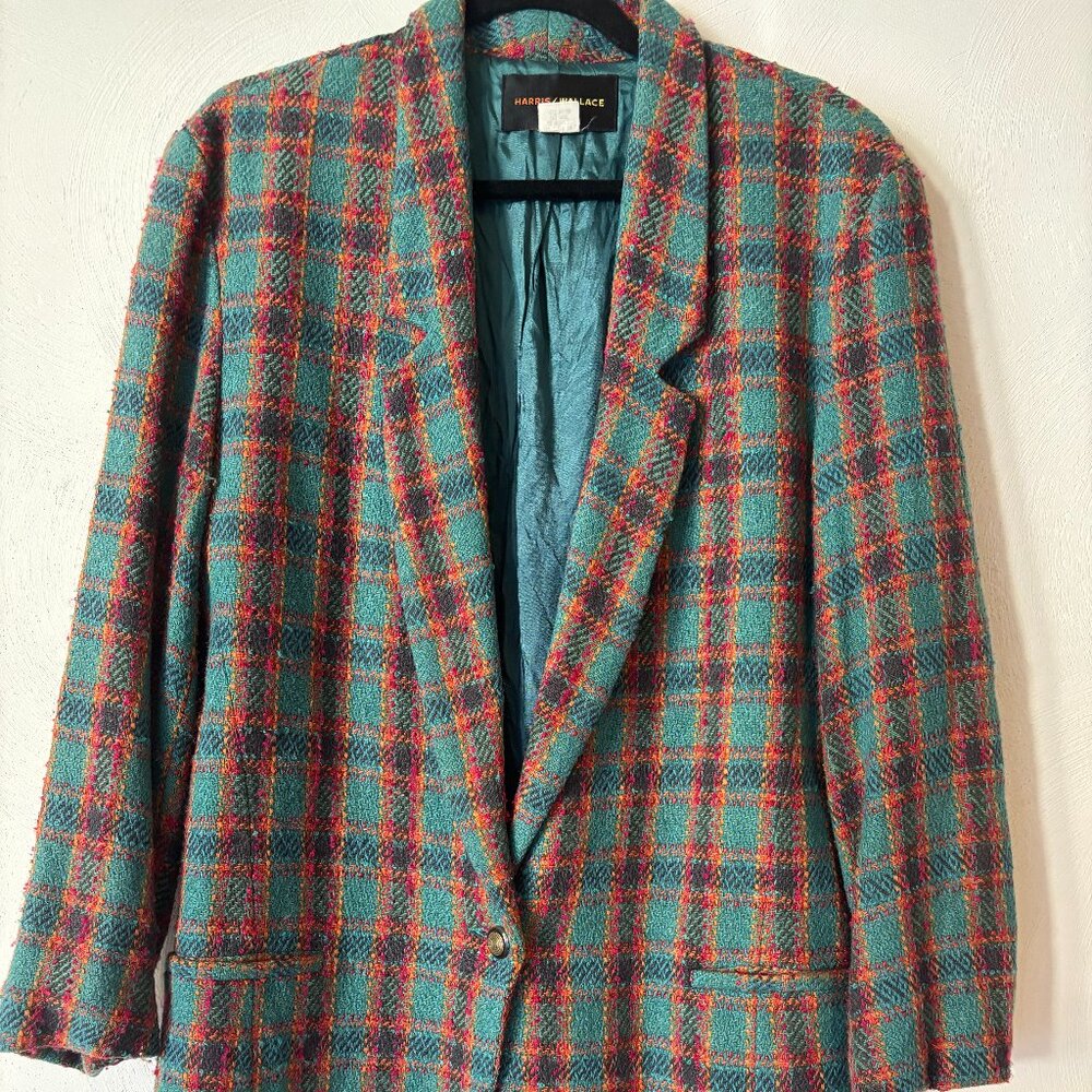 Vintage Harris & Wallace Wool Plaid Blazer, Teal Fuschia Check, Oversized Fit